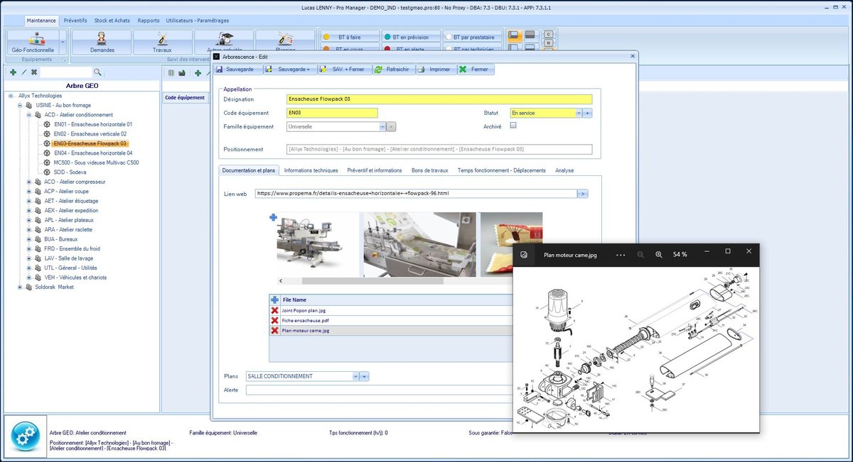 XMAINTGMAO : fiche d'un équipement industriel avec arborescence, documentation et plan