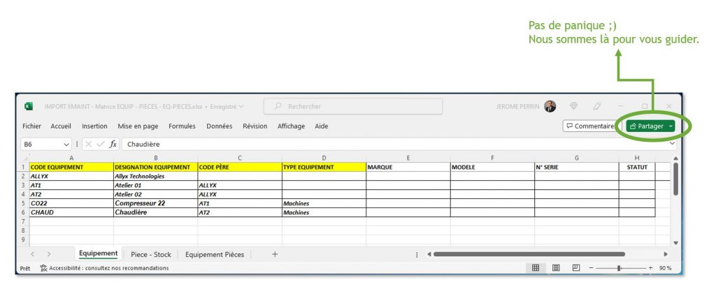 Fichier Excel de la matrice d'import XMAINT