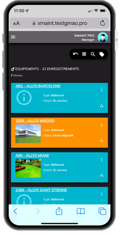 Arborescence des équipements XMAINTGMAO sur mobile
