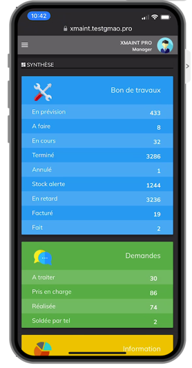 Écran de synthèses XMAINTGMAO sur mobile