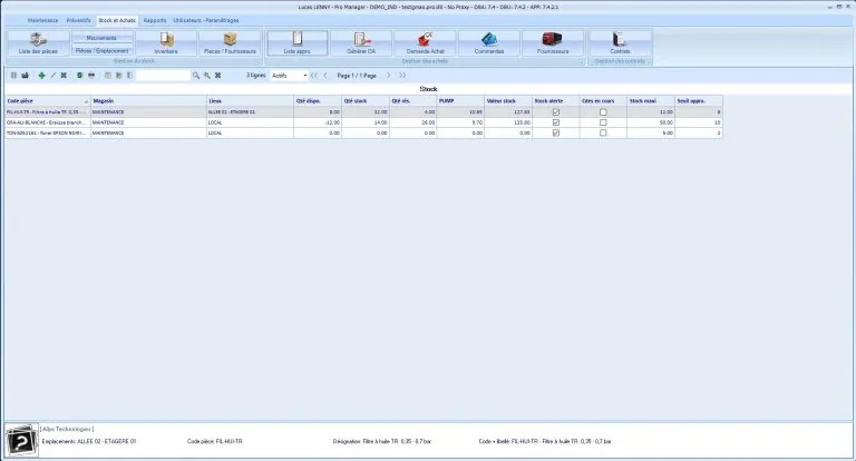 Écran XMAINTGMAO : gestion des achats et approvisionnements