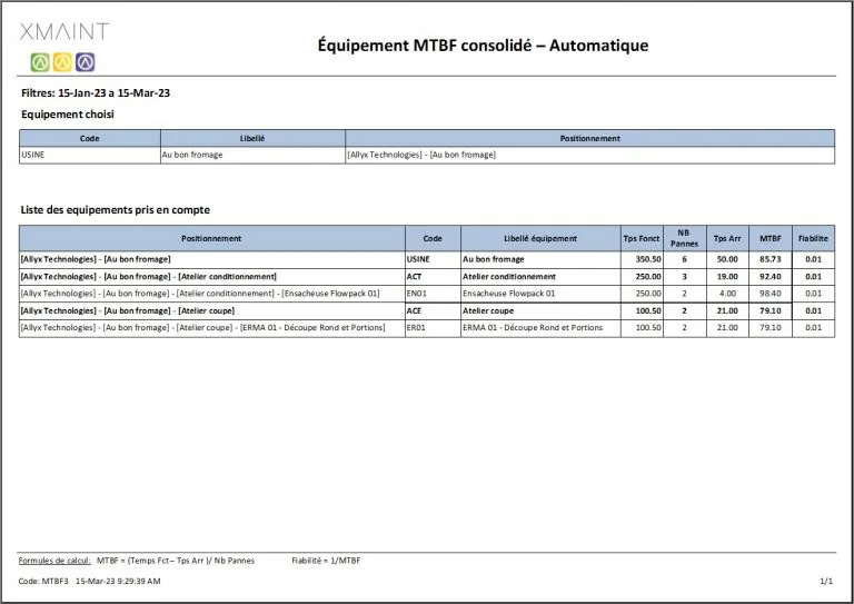 Écran XMAINTGMAO : analyse MTBF et indicateurs de maintenance